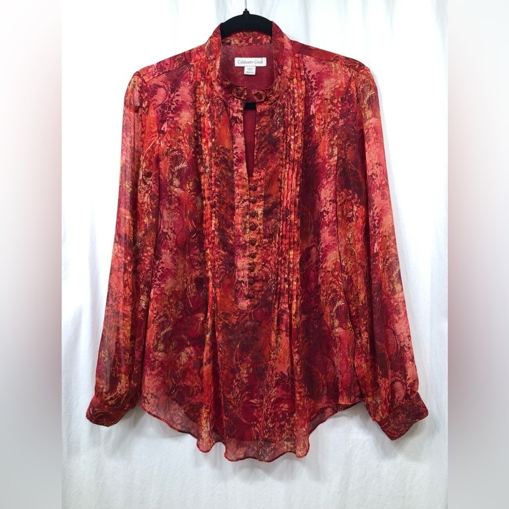 Coldwater Creek Red Floral 1/2 Button Pintuck Top Career Shirt Size M (10-12)